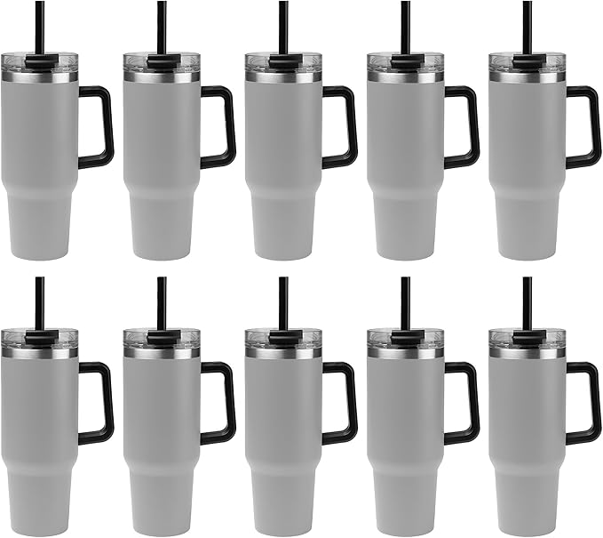 10 Ct of 40 Oz Intrepid Stainless Steel Tumbler with Lid, Straw & Handle – Gray – Customizable Insulated Cups for Water, Coffee, Hot & Iced Drinks – Great for DIY, Events, Work - Bloomnest