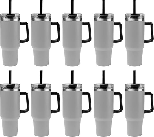 10 Ct of 40 Oz Intrepid Stainless Steel Tumbler with Lid, Straw & Handle – Gray – Customizable Insulated Cups for Water, Coffee, Hot & Iced Drinks – Great for DIY, Events, Work - Bloomnest