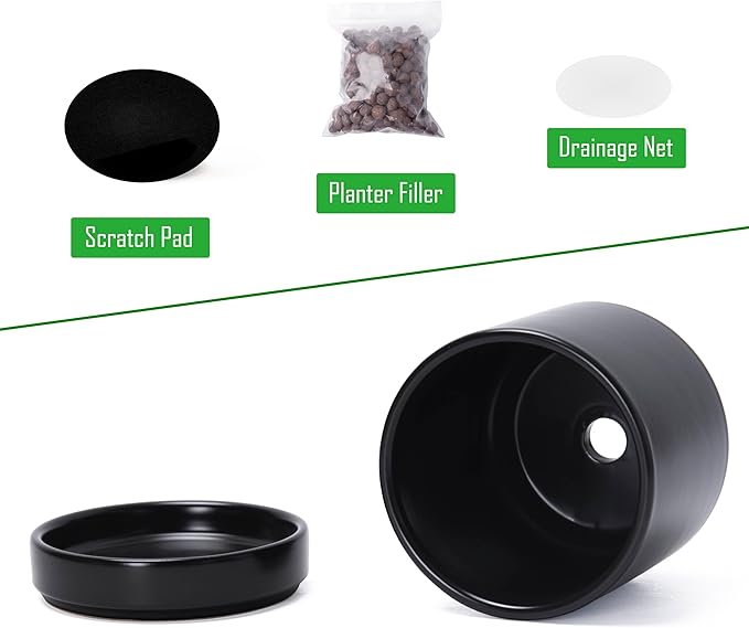 D'vine Dev 3.5 Inch & 4.7 Inch Ceramic Planter Pots for Plants with Drainage Hole and Saucer, X-Small Plant Pots Set, Black, 94-G-XS-2 - Bloomnest