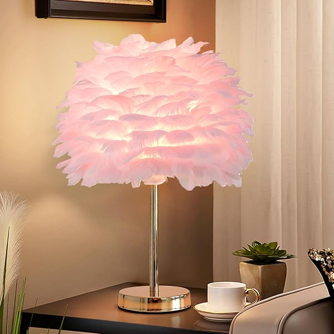 ZYLEIESENBAO Pink Feather Lamp Cute Romantic Goose Feather Table Lamp Furry Nightstand Light with Gold Base Bedside Lamp for Girl Bedroom Wedding Living Room Hotel Decorative - Bloomnest