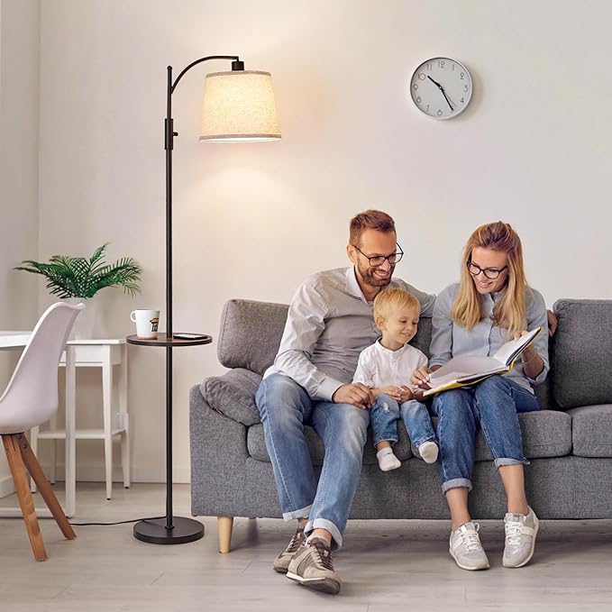 AIDENOEY Fully Dimmable Floor Lamp for Living Room，Standing Lamp Rotary Switch with Table&Linen Beige Shade，Black Tall Lamps for Bedroom with Adjust Head，9W LED Bulb Included - Bloomnest