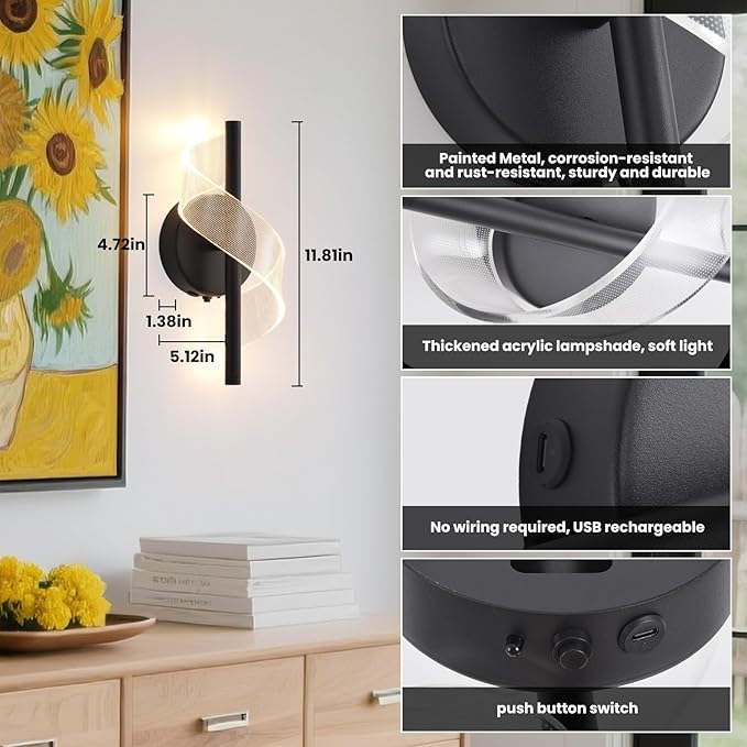 Cordless Wall Sconces Set of 2, Helical Wireless Rechargeable Battery Wall Light with Remote Control Dimmable. Portable Lighting for Wall Painting, Living Room, Bedroom, Night Light. 11.8''Black - Bloomnest