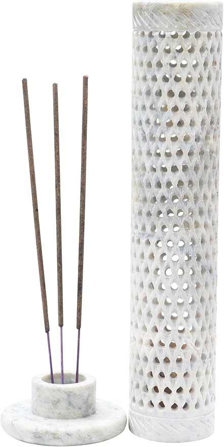 Crocon Handmade Blue Marble Soapstone Incense Stick Round Shape Elephant & Leaf Design Tower Burner | Tea Light Candle Holder | Decorative Home & Kitchen Best Gift Size - (2.7x2.7x10 Inch)