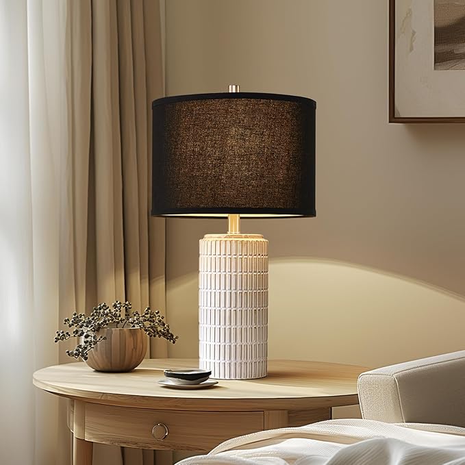 23'' Set of 2 Modern Ceramic Table Lamps, Minimalist Bedside Lamp, Rustic Nightstand End Table Lamp for Bedroom, Living Room, Study Room, Office, 2 LED Bulbs Included (Black) - Bloomnest