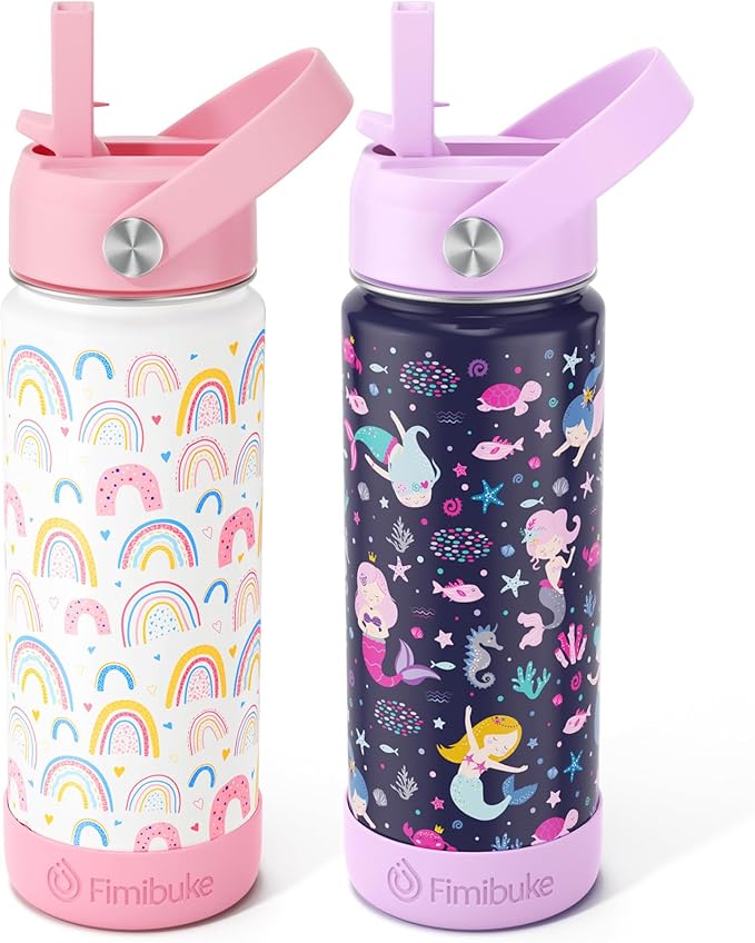 Fimibuke Kids Insulated Water Bottle, 18oz BPA FREE Kids Cup with Straw Double Wall Vacuum Tumbler 18/8 Stainless Steel Leak Proof Toddler Water Bottle for School Boys Girls (2 Pack, Rainbow/Mermaid) - Bloomnest