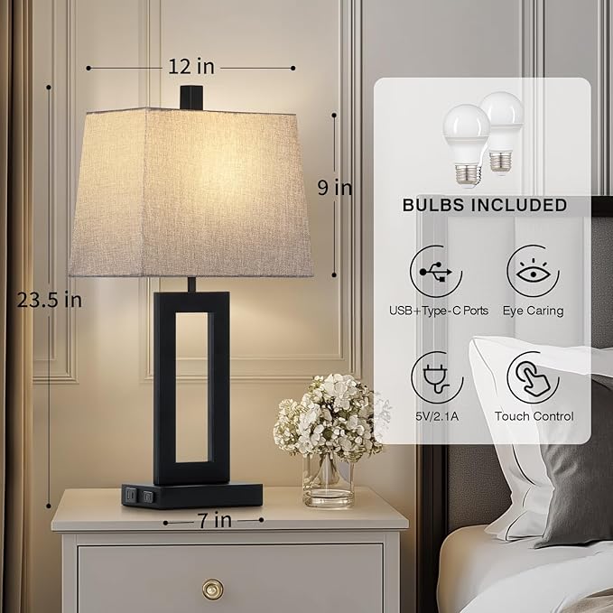 Touch Control Table Lamp Set of 2, Modern Black Bedside Lamps with USB C+A Ports & AC Outlet, 3 Way Dimmable Bedroom Lamps for Night Stands Bedroom Living Room,Nightstand Lamp - Bloomnest