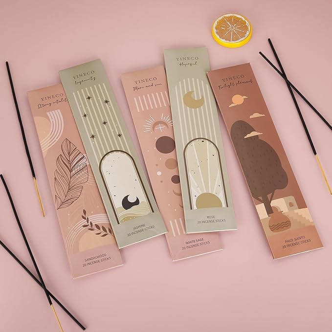 White Sage & Sandalwood Incense Sticks Bundle - 100 Sticks + Holder, 6 Scents (Dragon's Blood, Lavender, Jasmine & More) for Relaxation, Sleep & Positive Energy YINECO