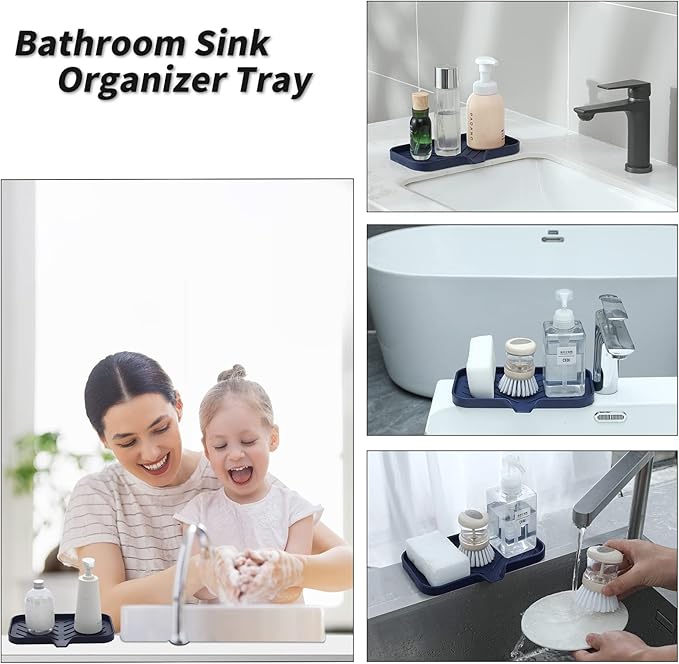 Silicone Bathroom Soap Dishes with Drain Spout-Kitchen Sink Organizer,Sponge Holder,Dish Soap Tray,Perfect for Dispenser,Scrubber,Bottle,Cup on Sink or Counter-Navy Blue 9.6"×5.3" - Bloomnest