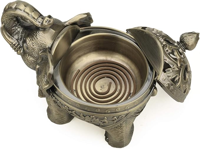 K COOL Metal Backflow Incense Holder Elephant Cone Coil Incense Burner Ash Catcher with Lid, Aromatherapy Ornament Home Office Decoration for Indoor Outdoor (Bronze) - Bloomnest