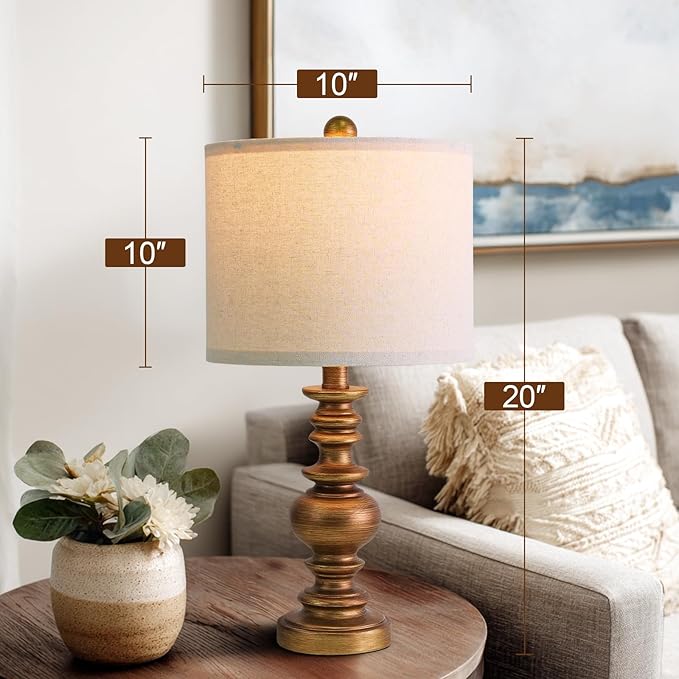 BOBOMOMO 20" Antique Gold Table Lamps Set of 2 – Handcrafted Vintage Bedside Lamps with Linen Shades, Elegant Farmhouse Lamps for Bedroom, Living Room, or Entryway – Perfect for Compact Spaces - Bloomnest