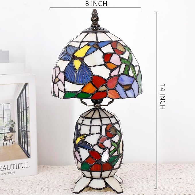 Small Tiffany Lamp Stained Glass Table Lamp Mini Mother Daughter Vase Desk Accent Light for Bedroom Bedside Reading Home Antique Style Decor 8X14 Inches (Hummingbird) - Bloomnest