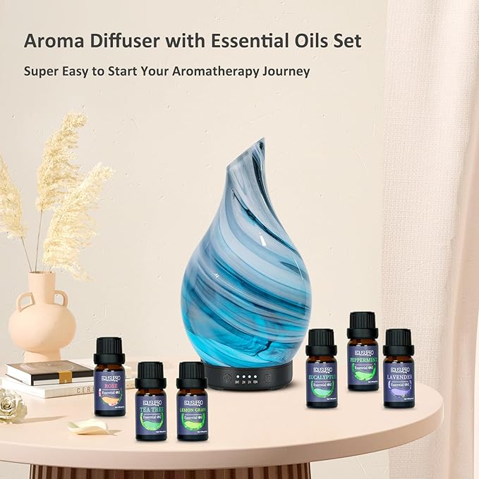 Oil Diffuser & Essential Oils Set - Aromatherapy Diffuser with 6 Essential Oils Set, Ultrasonic Cool Mist Oil Diffusers for Essential Oils, 4 Timer & 7 LED Light, with Auto Shut-Off Protection Gifts - Bloomnest