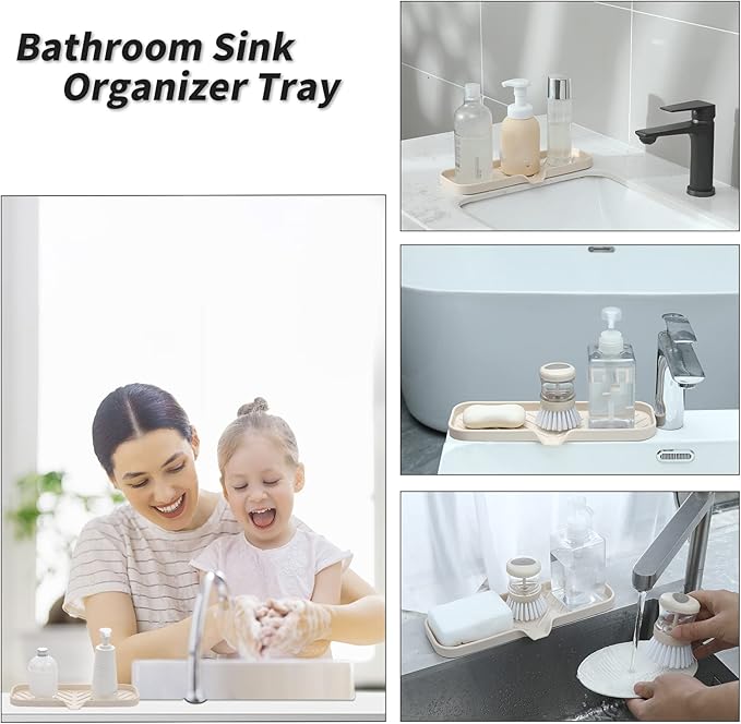 Silicone Bathroom Soap Dishes with Drain Spout-Bathroom and Kitchen Sink Organizer,Sponge Holder,Dish Soap Tray,Perfect for Dispenser,Scrubber,Bottle,Cup on Sink or Counter-Tapioca 12"×4" - Bloomnest