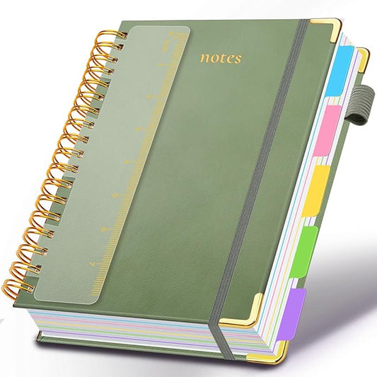Hardcover Spiral Notebook 5.7"x 8.2" Journal Notebook with Tabs and Removable Dividers 300 Pages 5 Subject Notebook College Ruled, Faux Leather Spiral Bound Notebook for Women School Work (Sage Green) - Bloomnest