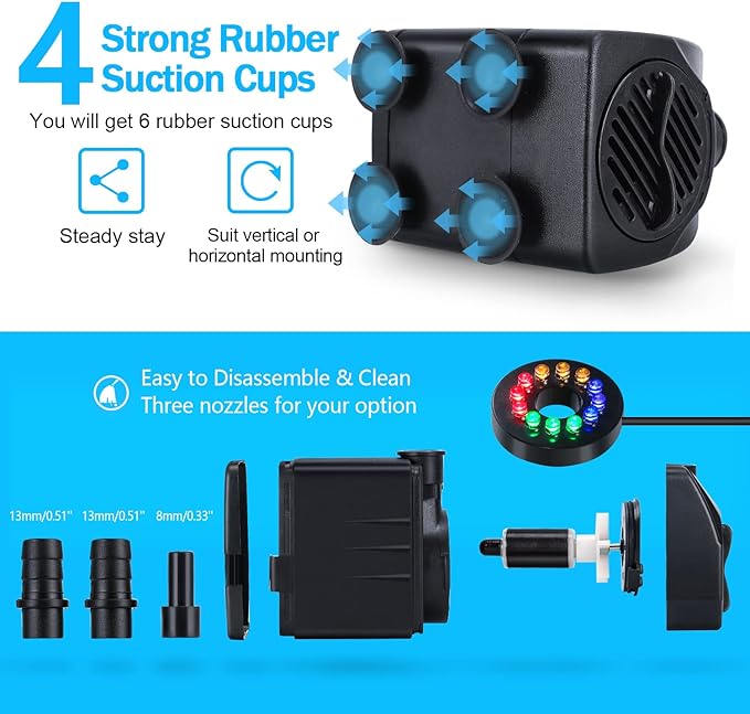 Fountain Pump with LED Lights, 220GPH(15W 900L/H) Submersible Water Pump, Durable Outdoor Fountain Water Pump with 6.5ft Tubing (ID x 1/3-Inch), 3 Nozzles for Aquarium, Pond, Fish Tank - Bloomnest