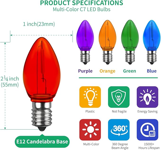 Meconard C7 Led Replacement Christmas Light Bulb, C7 Shatterproof Led Bulbs for Christmas Outdoor String Lights, E12 Candelabra Base, Commercial Grade Holiday Bulbs, Multi-Color, 25 Pack - Bloomnest