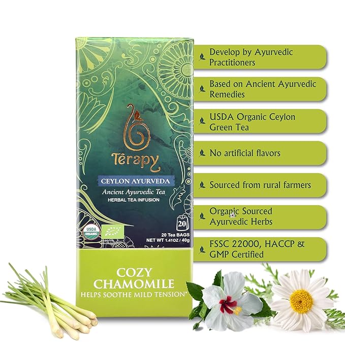 Térapy Ceylon CHAMOMILE TEA | USDA Organic Herbal Tea Bags | 100% Natural Ayurvedic Ingredients including Organic Chamomile, Ashwagandha, Cinnamon & Licorice| 20 Individually Wrapped Tea Bags - Bloomnest