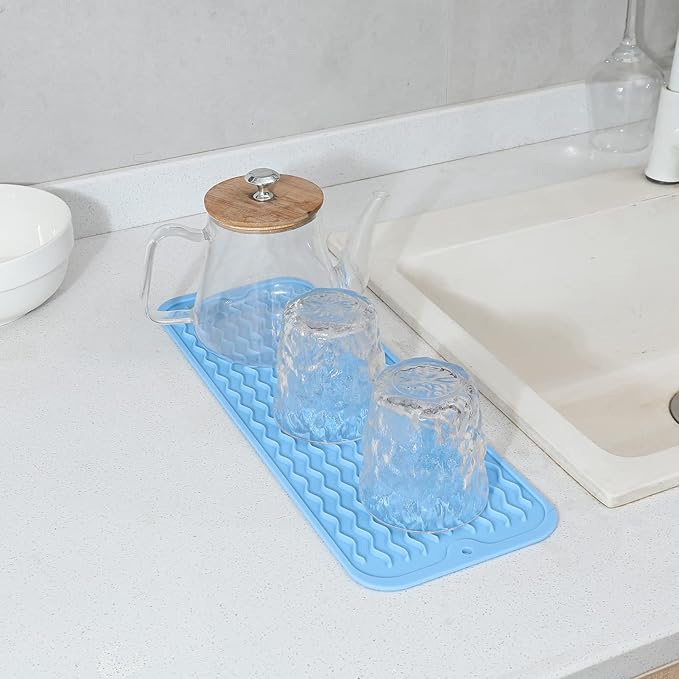 Silicone Dish Drying Mat for Multiple Usage,Easy clean,Eco-friendly,Heat-resistant Silicone Mat for Kitchen Counter,Sink,Bar,Bottle,or Cup Light Blue M 17 inches x 6 inches - Bloomnest