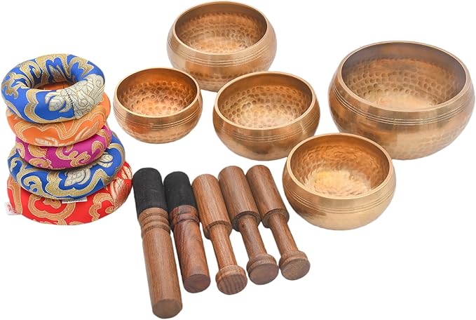 Tibetan Singing Bowl Set-Authentic Cuencos Tibetanos for Sound Healing, Meditation & Chakra Balancing - Includes Cushion, Mallet-Unique Spiritual Gifts for Women and Men (5 Chakra Bowl Set) LNYSI