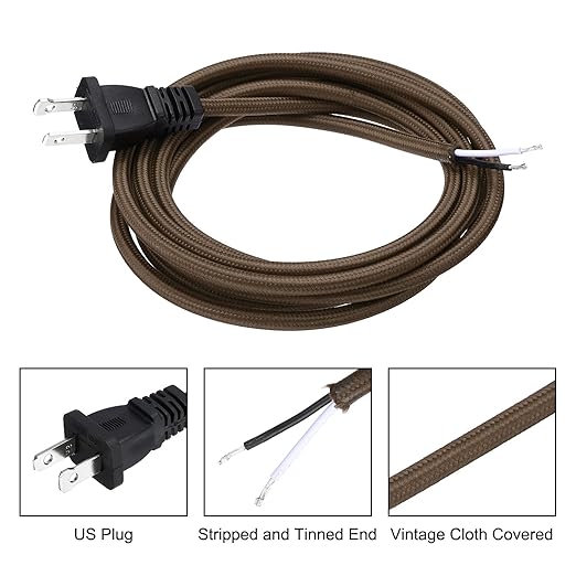 uxcell 8Ft 18/2 Cloth Covered Lamp Cord with Plug, Vintage Electrical Lamp Cord with Stripped Ends for Extension Wiring DIY Repairing, Brown