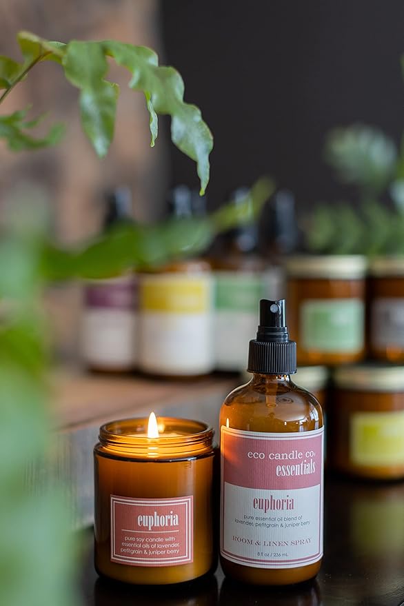 ECO CANDLE CO. Essentials Candle, Euphoria, 8 oz. - Scents of Lavender, Petitgrain, & Juniper - 100% Soy Wax, No Lead, Hand Poured, Phthalate Free, Made from Midwest Grown Soybeans - Bloomnest