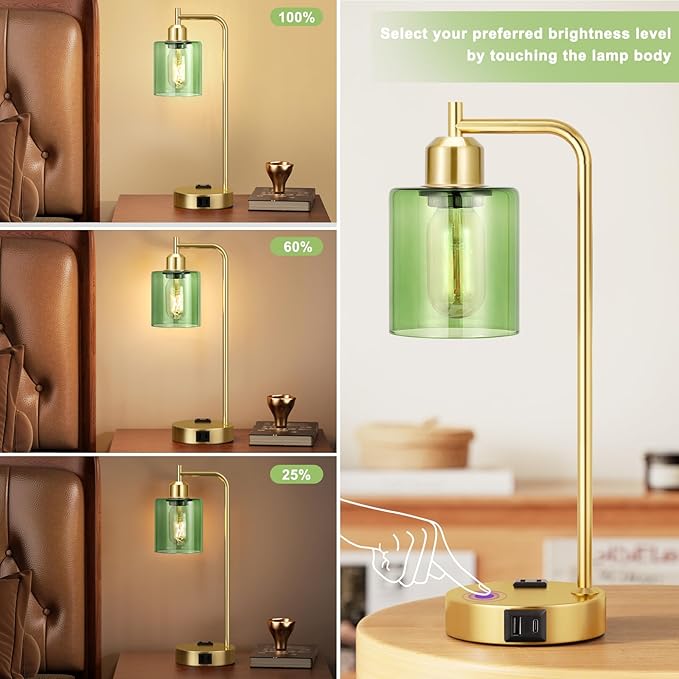 Innqoo Industrial Green Table Lamps for Bedrooms Set of 2-3-Way Dimmable Desk Lamp with USB C+A Ports and Outlet, Gold Lamps with Green Glass Shade for Living Room - Bloomnest