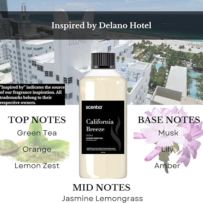Scentia Hotel Diffuser Oil Inspired by The Delano Beach Club Hotel Scent - 50 mL 1.69 fl oz - Fragrance Oil Blend Orange, Green Tea & Jasmine for Aromatherapy Diffusers - California Breeze - Bloomnest