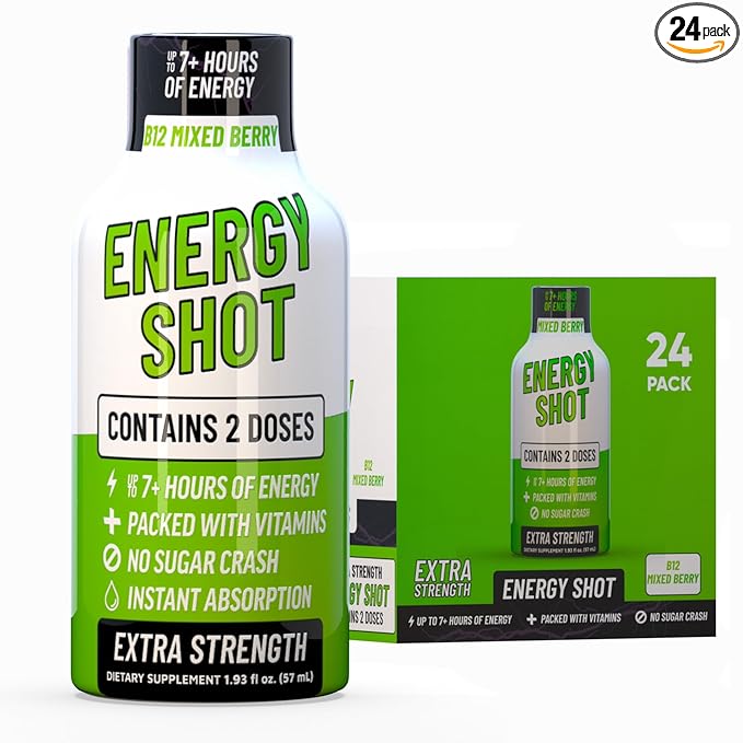 B12 Mixed Berry Extra Strength Energy Shot 24 pk – 260mg Natural Caffeine B12 B6 – Energy & Vitality Support – 2 Servings Sugar Free Zero Calorie Green Tea B-Vitamins Electrolytes Vegan – 1.93 fl oz - Bloomnest
