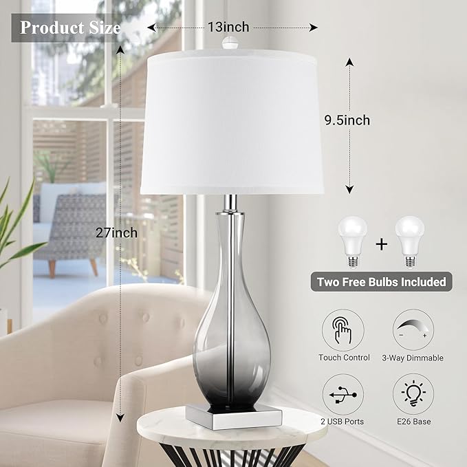 Table Lamps Set of 2 with Touch Control, 3-Way Dimmable Modern Glass table lamp for Living Room with USB C and A Charging Ports， 27" Bedside Desk Lamps for Nightstand Decorations(LED Bulbs Included) - Bloomnest