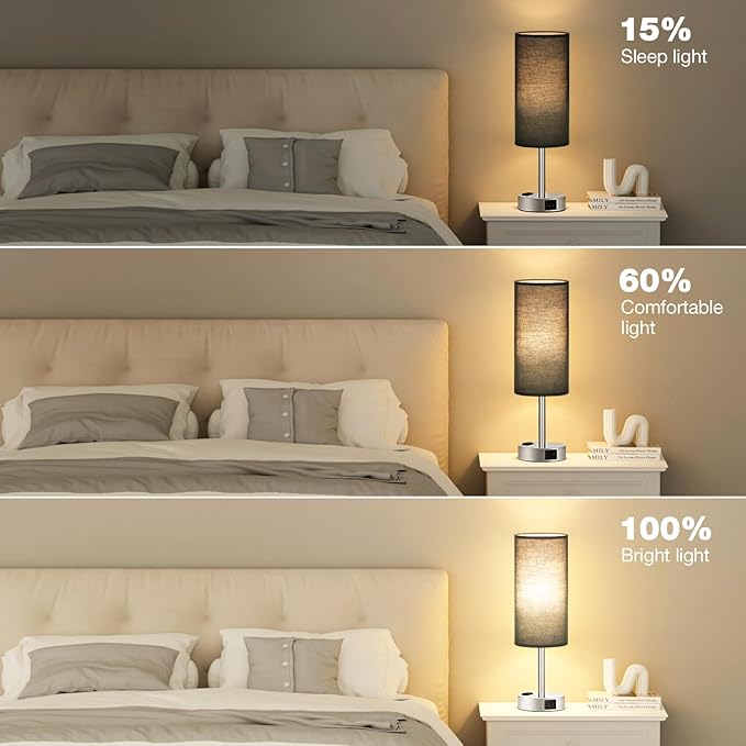 Black Bedroom Table Lamp for Bedside - 3 Way Dimmable Touch Lamp USB C A Charging Ports and AC Outlet, Small Desk Lamp for Nightstand for Living Room with Silver Base, Office Desk, LED Bulb Included - Bloomnest