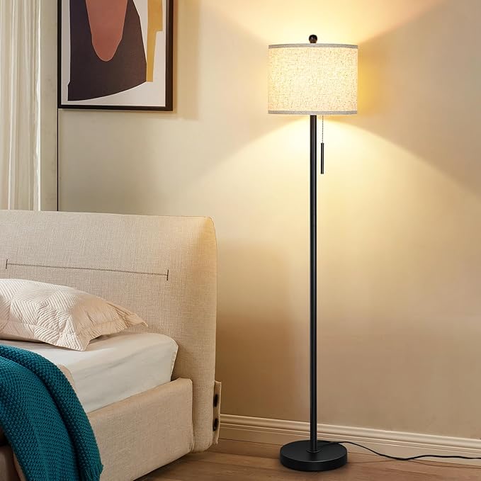 Floor Lamp for Living Room, 63in Black Standing Lamp, 3-Way Dimmable Floor Lamp for Bedroom, Tall Lamp with White Linen Shade for Office - Bloomnest