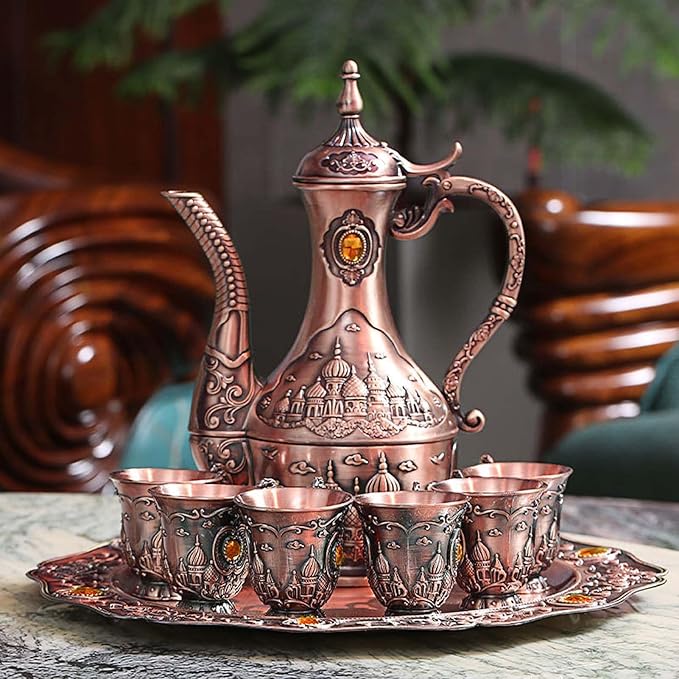 Vintage Turkish Coffee Pot Set for 6 Including Tray and Teapot,Metal Cups,Teapot and Cup Set for One,Tea Service Set for Home Tea Table Decor,Wedding Ornaments(Copper)
