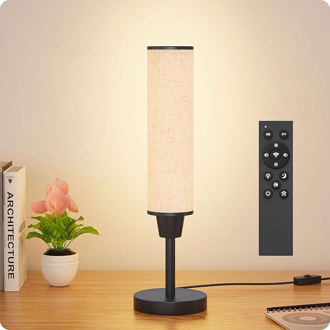 Table Lamp with Remote，Bedside Lamps for Night Stands, Nightstand Lamp with Adjustable Brightness (10%-100%) and Color Temperature (3000k-6000k),Small Lamp for Bedroom (Black - Beige Linen) - Bloomnest