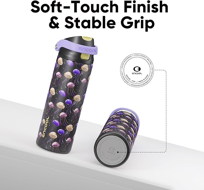 ENCOOL Leakproof Insulated Water Bottle with Straw Dual-Sip Water Bottle Bag-Safe Design for Work, Commute & Gym – Keeps Drinks Cold All Day, 24 oz, Neon Jellyfish ENCOOL