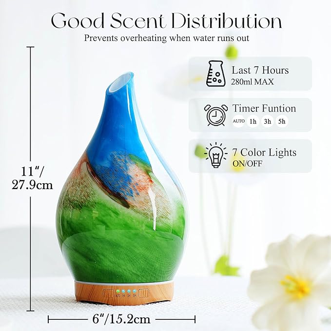 Porseme 280ml Essential Oil Diffuser Glass Color Changing Aroma Air Diffusers Aromatherapy Ultrasonic Cool Mist Humidifier 7 Running Hours Waterless Auto-Off for Sleeping, Yoga, Office (Blue Grass) - Bloomnest