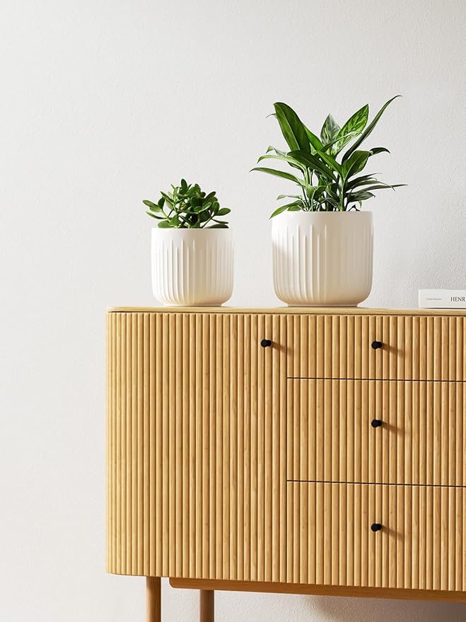 LE TAUCI Fluted Ceramic Planters Set of 3 – 8.3/7 / 5.7 in White Cylinder Indoor Plant Pots with Drainage Plug & Mesh, Matte Glazed Stoneware Flower Pots for Succulent Herb Cactus - Bloomnest