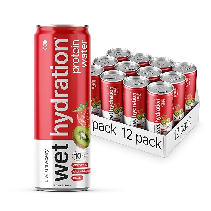 Wet Hydration Protein Water | Electrolyte Drink with Clear Whey Protein & BCAAs - Kiwi Strawberry Flavor (12oz Cans, Pack of 12) | Zero Sugar, 10g Protein, Low Calorie, Functional Hydration - Bloomnest