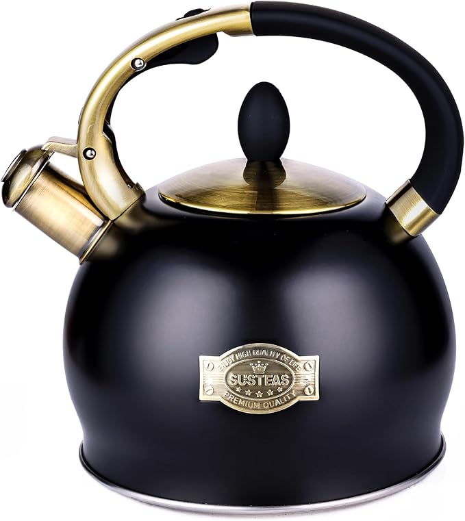SUSTEAS Stove Top Whistling Tea Kettle - Food Grade Stainless Steel Teakettle Teapot with Cool Touch Ergonomic Handle, With 1 Silicone Pinch Mitt Included, 2.64 Quart(BLACK) - Bloomnest
