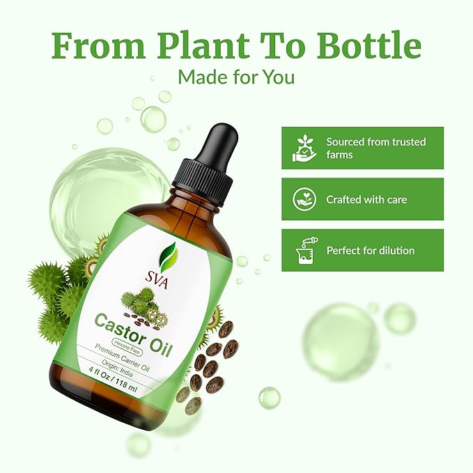 SVA Castor Seed Oil - 4 Fl Oz – 100% Natural Cold Pressed Castor Oil - for Face, Skin Care, Hair Care, Scalp Massage & Body Massage – Carrier Oil with Dropper - Bloomnest