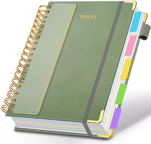 Hardcover Spiral Notebook 8"x10" Journal Notebook with Tabs and Removable Dividers 300 Pages 5 Subject Notebook College Ruled, Faux Leather Spiral Bound Notebook for Women School Work (Sage Green) - Bloomnest