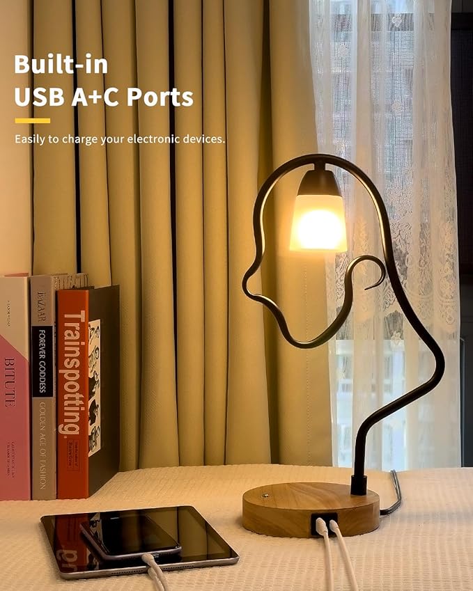 Touch Control Modern Table Lamp - Creative Hat Desk Lamp with USB C and A Ports, Cute Bedside Lamp, Wooden Base,Glass Shade, Unique Lamps for Home Decor, Living Room, Gifts (Hat Not Included) - Bloomnest