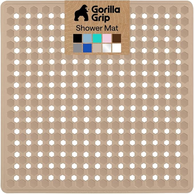 GORILLA GRIP Patented Square Shower Stall Mat, Small Bathtub Floor Mats for Stand Up Showers, Suction Cups and Drainage Holes, Machine Wash, Soft on Feet, Bathroom Accessories 21x21 Inch, Beige Opaque - Bloomnest