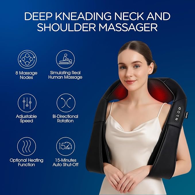 VOYOR-HEALTH Shiatsu Neck and Back Massager, Electric Deep Tissue 4D Kneading Massage with Heat for Shoulder, Lower Back, Leg and Body Muscle Pain Relief, Home & Office Use(Dark Black)