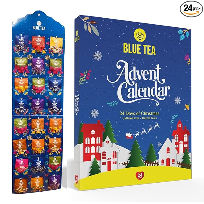 BLUE TEA - Advent Calendar 2025 (Blue) - 24 Tea Bags - Plant Based - 24 Unique Tea | Limited Edition | Sampler & Variety Pack | Caffeine Free - Herbal Tea - Christmas Holiday Unique Advent Calendar Tea Gift Set | Gift Idea for Men and Women - Bloomnest