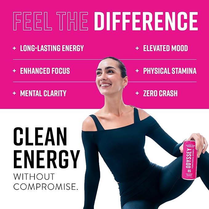Odyssey Functional Energy Drink for Focus, Cognition & Mood Support 12 Pack - Adaptogenic Drink with 85mg Green Tea Caffeine, Lion’s Mane, Cordyceps, L-Theanine & Ginseng, Dragon Fruit Lemonade - Bloomnest