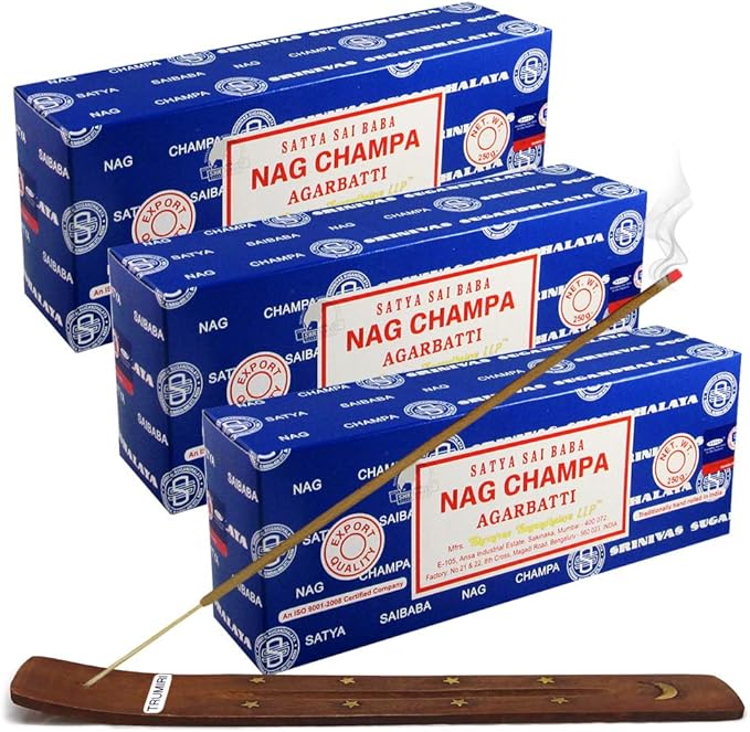 Satya Sai Baba Nag Champa 250g Incense Sticks and Holder Bundle - Pack of 3 (Approx 750 Sticks) TRUMIRI