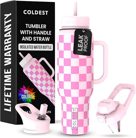 Coldest Tumbler with Handle and Straw - 100% Leak Proof Insulated Tumbler with Lid and Straw (3 Lids) - Stainless Steel Tumblers for Women & Men - Cup Holder Friendly Base, 46 oz (Pink Checkers) - Bloomnest