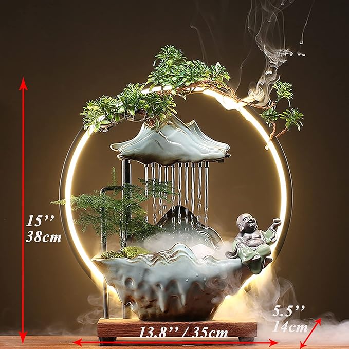 Tabletop Buddha Water Fountains Indoor Water Fall with LED Light Zen Decor for Meditation with Mist Japanese Decor with Fake Plants Feng Shui Decor for Good Luck Wealth - Bloomnest