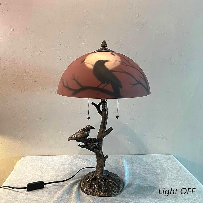 Bieye L10969 Ravens Sitting on Bare Tree Branch Against Full Moon Hand-Painted Glass Table Lamp with Raven Nest Lamp Base for Halloween Home Decor (Black Red, 14" D x 14" W x 22" H)