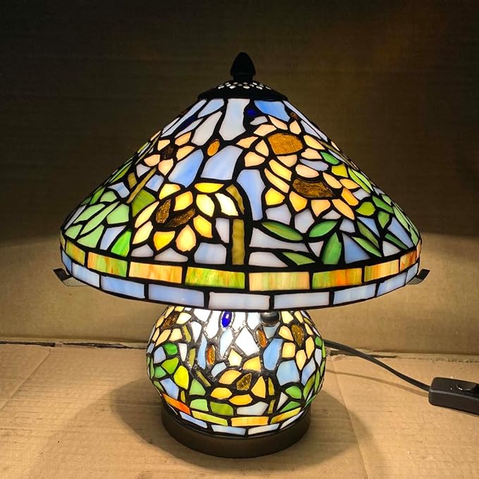 Bieye L10907 Tiffany Style Stained Glass Mushroom-Shaped Double Lit Table Lamp for Home Decor (10-inch, Yellow Sunflower)